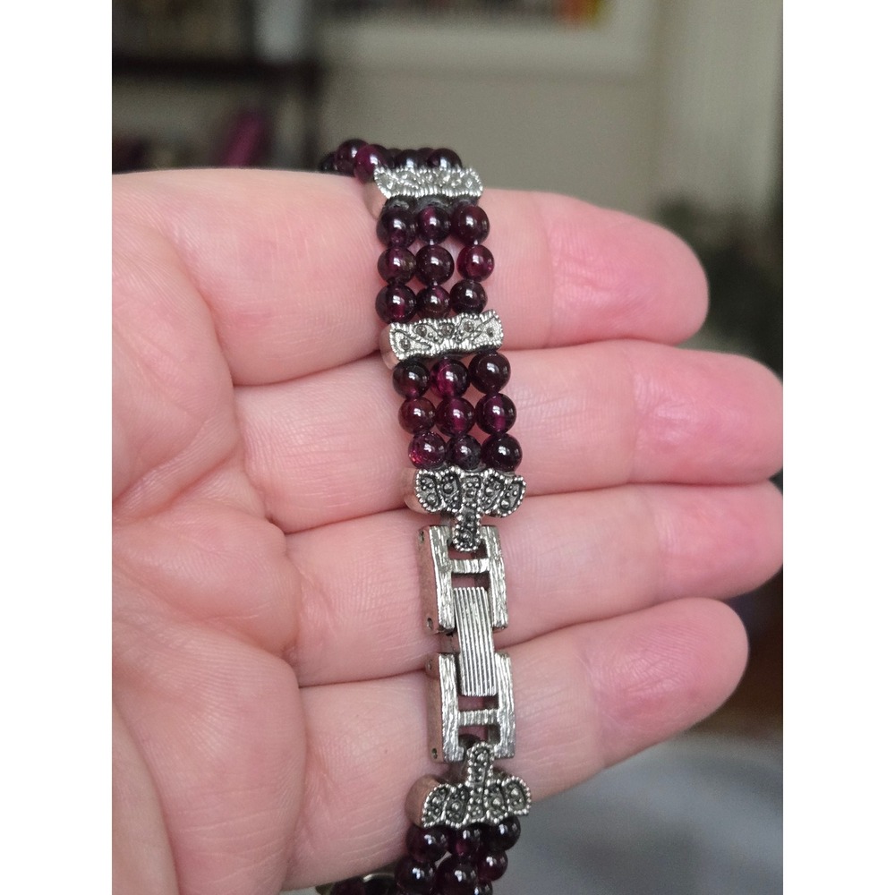 Natural Garnet Bead Bracelet 3 Strand Burgundy Silver Tone Accents Box Clasp